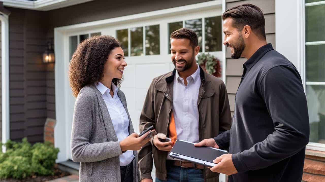 A director talking with two residents in their driveway