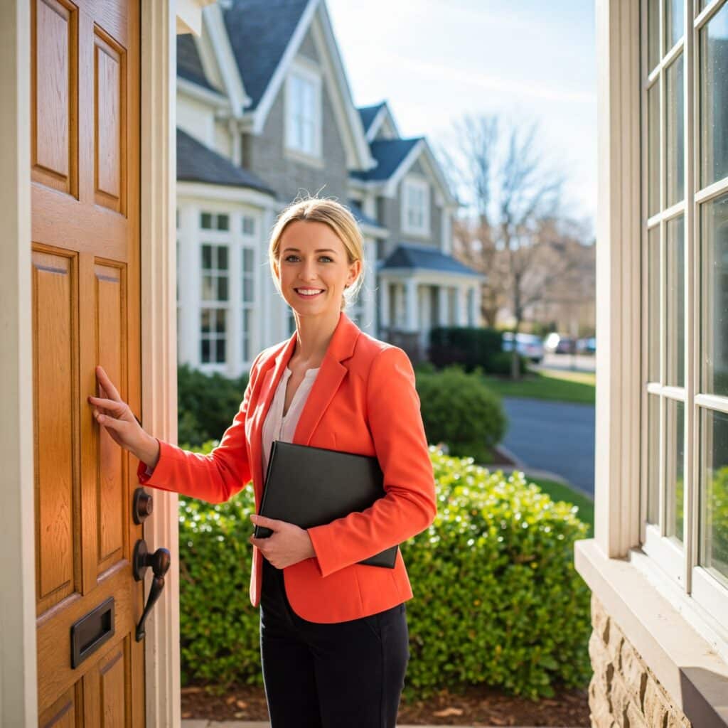 A director arriving at a resident's front door